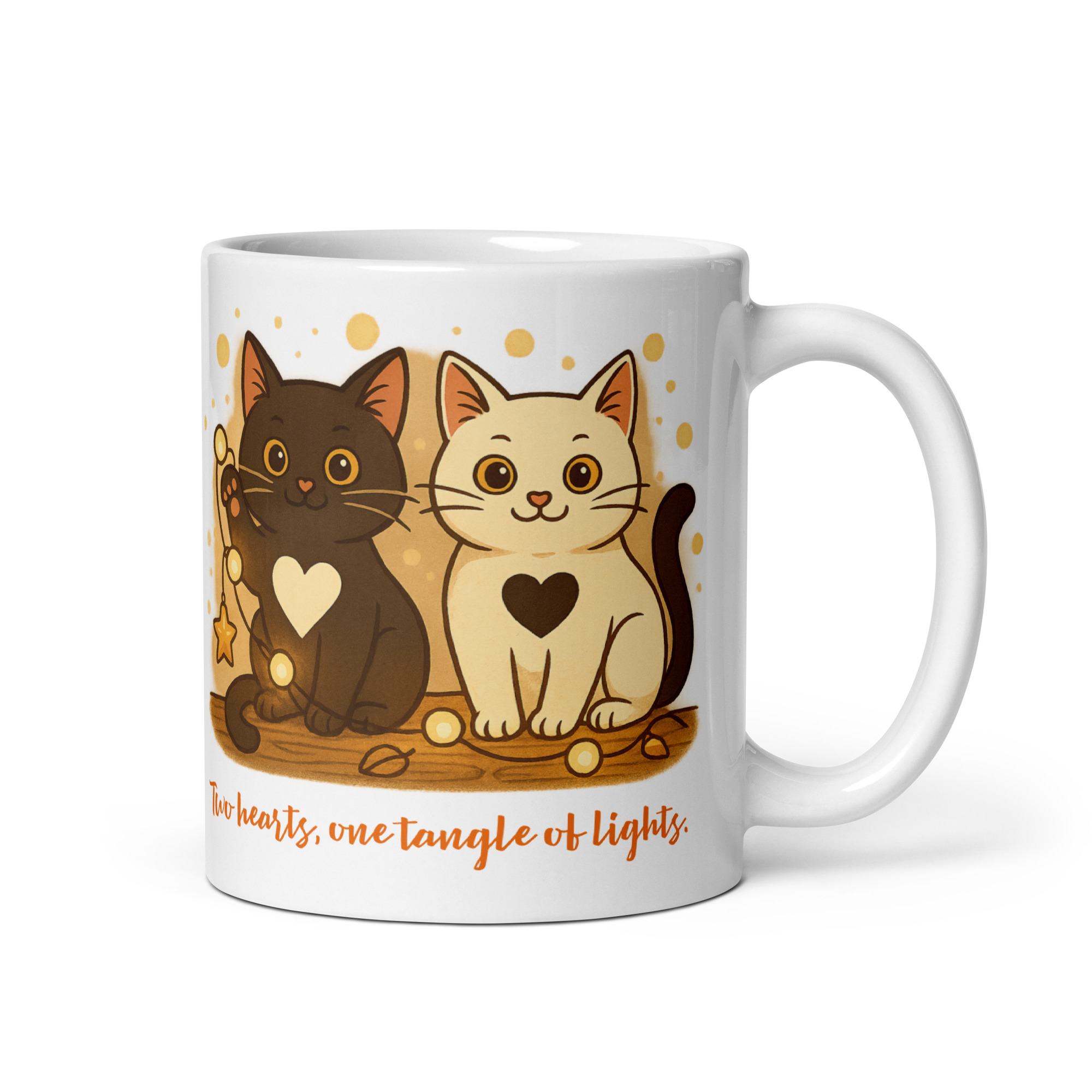 Two Hearts, One Tangle of Lights – Cat Mug